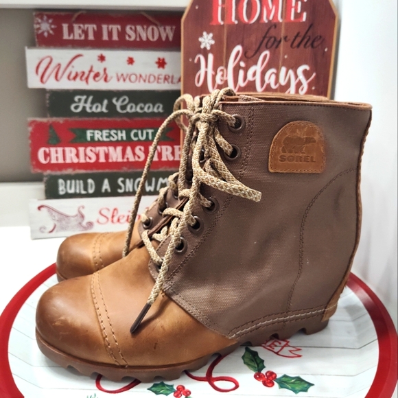 💕EUC Sorel Brand Premium Moto PDX Leather Lace Up Wedge Ankle Boots, Came, 10 - Picture 4 of 16